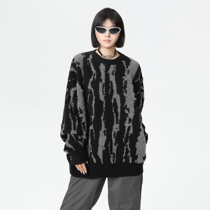 Unisex Streetwear Knit Sweater Winter Thick Warm Pullover With Flame Jacquard Cotton Blend