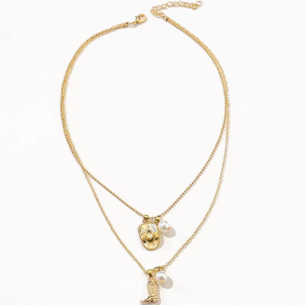 Ethnische Halskette mit Anhänger im Cowboyhut-Stiefel-Stil, Retro-Halskette mit unregelmäßiger Perlenkette für Damen