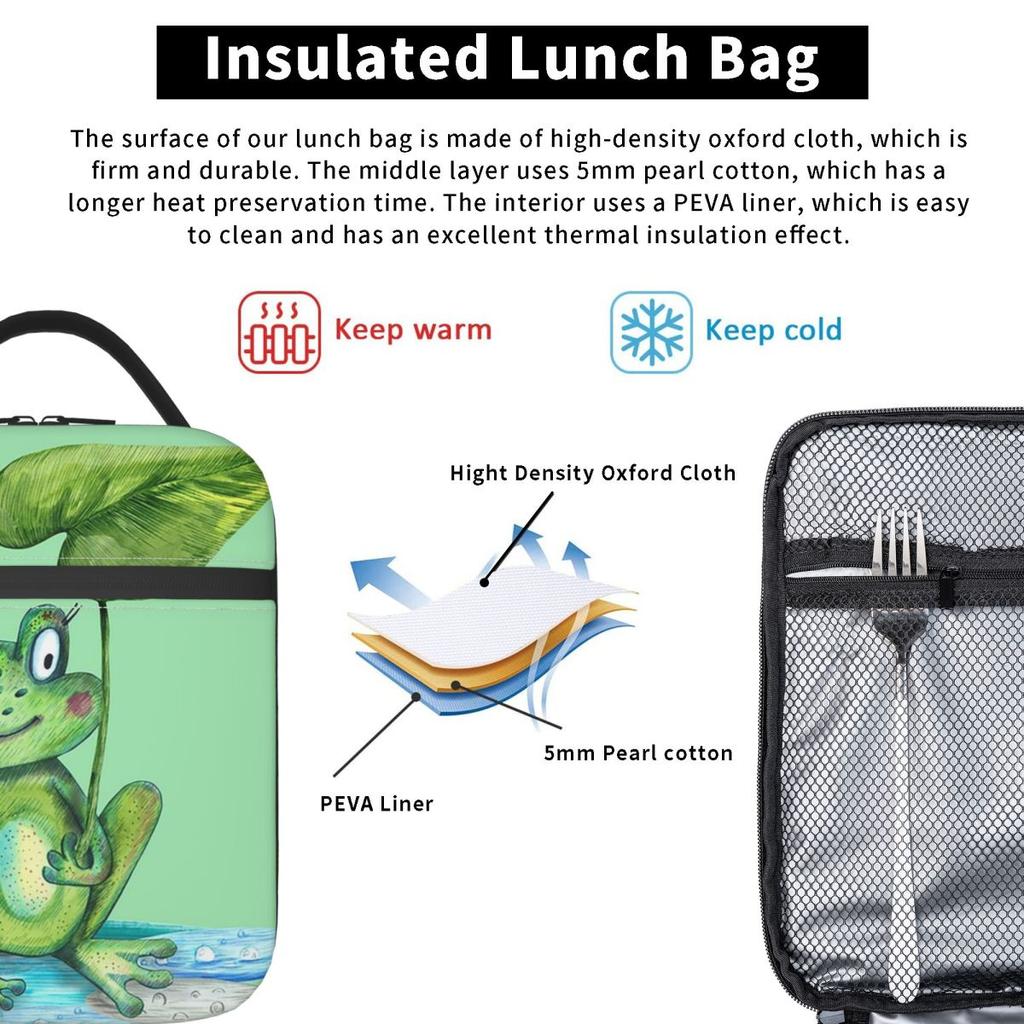 Bolsa de Almuerzo Térmica con Rana Linda Bajo Hoja y Lluvia para Niños, Nevera Escolar, Contenedor de Comida Térmico, Bolsa de Tote, Contenedores de Lonchera a Prueba de Fugas