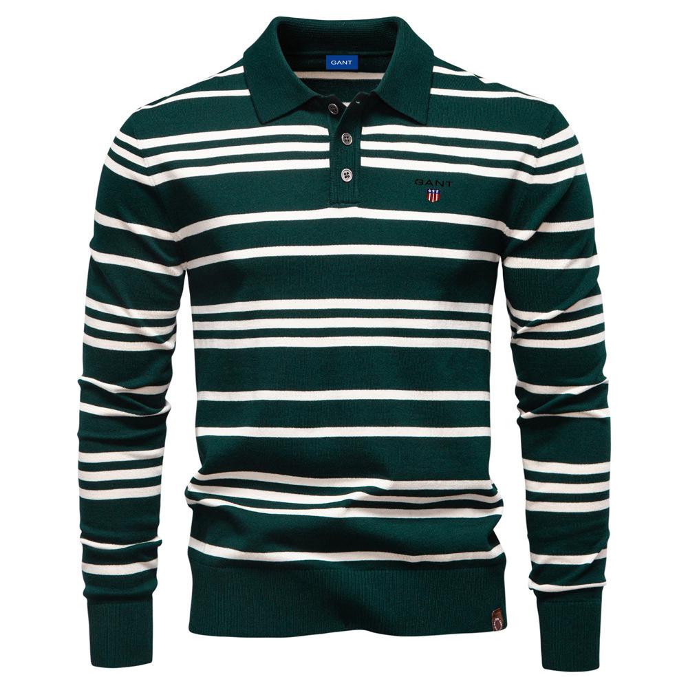 Gant 2025 Autumn/Winter Embroidery New Large Collar Men's Striped Sweater Polo Collar Knitted Sweater Men