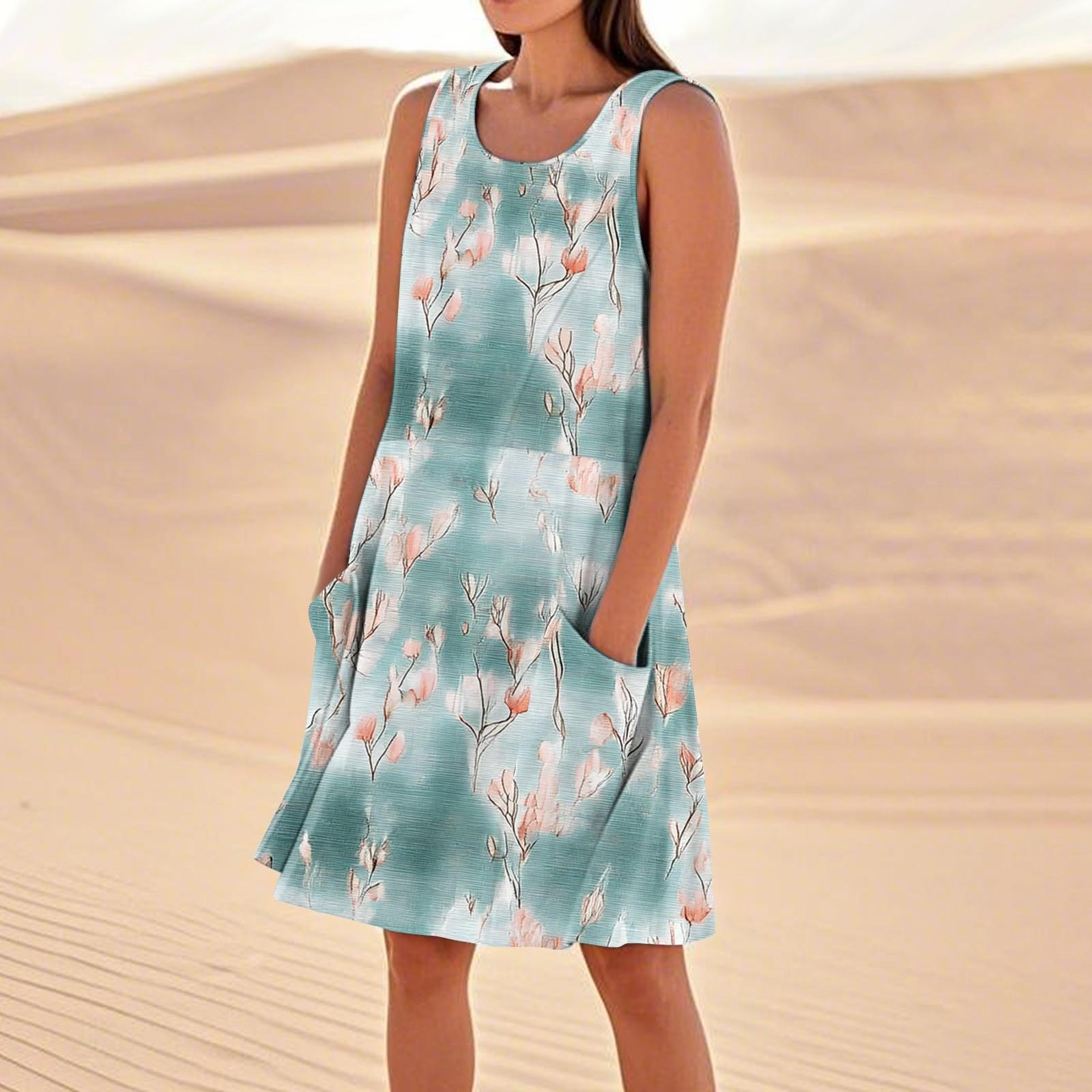 

Платья с принтом для женщин, свободные, пляжные, повседневные, без рукавов, сарафаны с карманами, платье-майка M