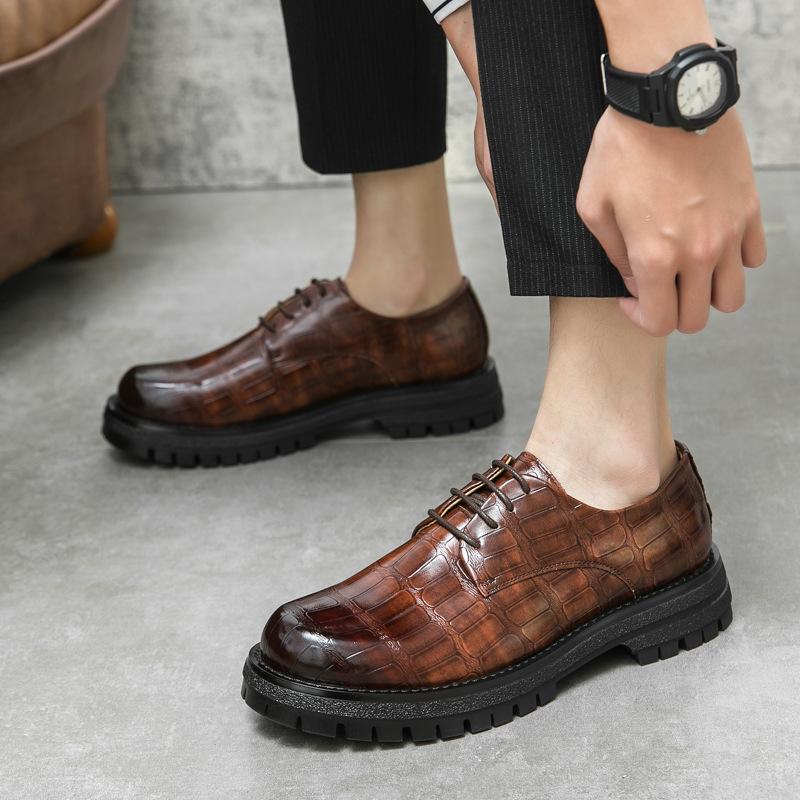 Dress business casual leather shoes brown big head shoes men's retro Goodyear platform British wedding shoes factory