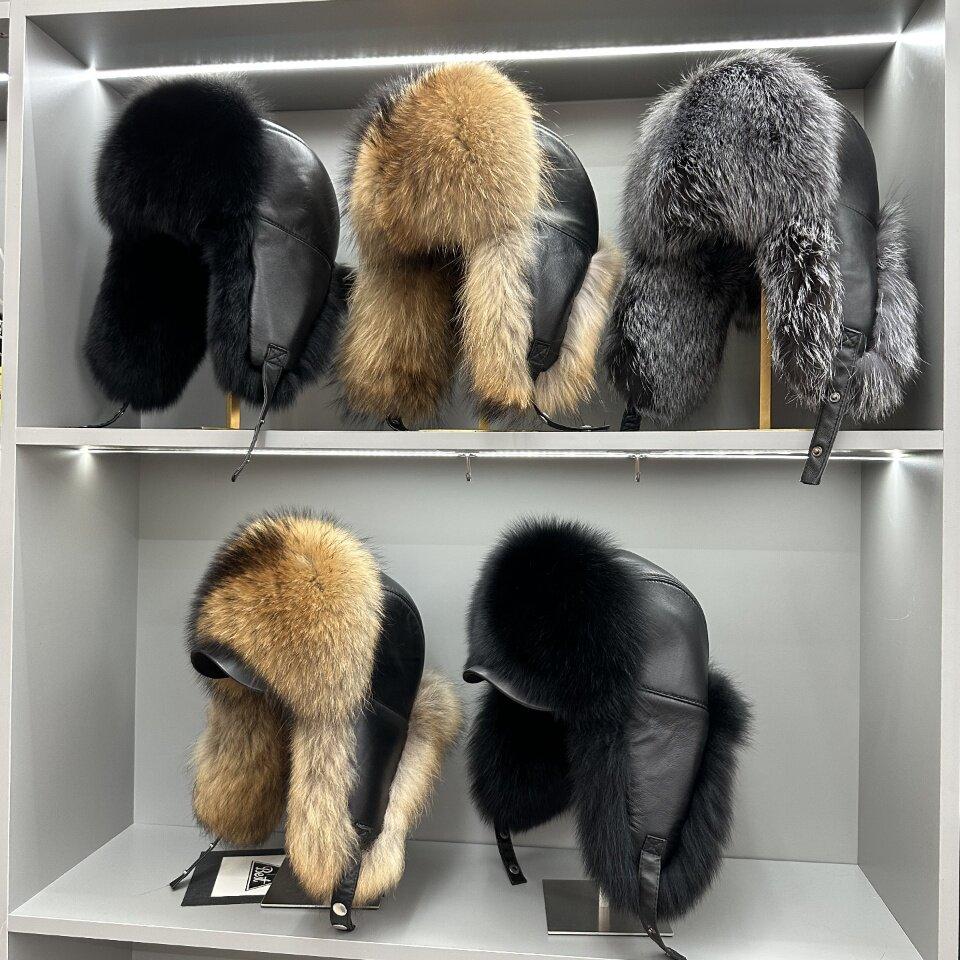 New Winter Men's 100% Real Silver Fox Fur Bomber Hat Raccoon Fur Ushanka Cap Trapper Russian Man Ski Hats Caps Real Leather