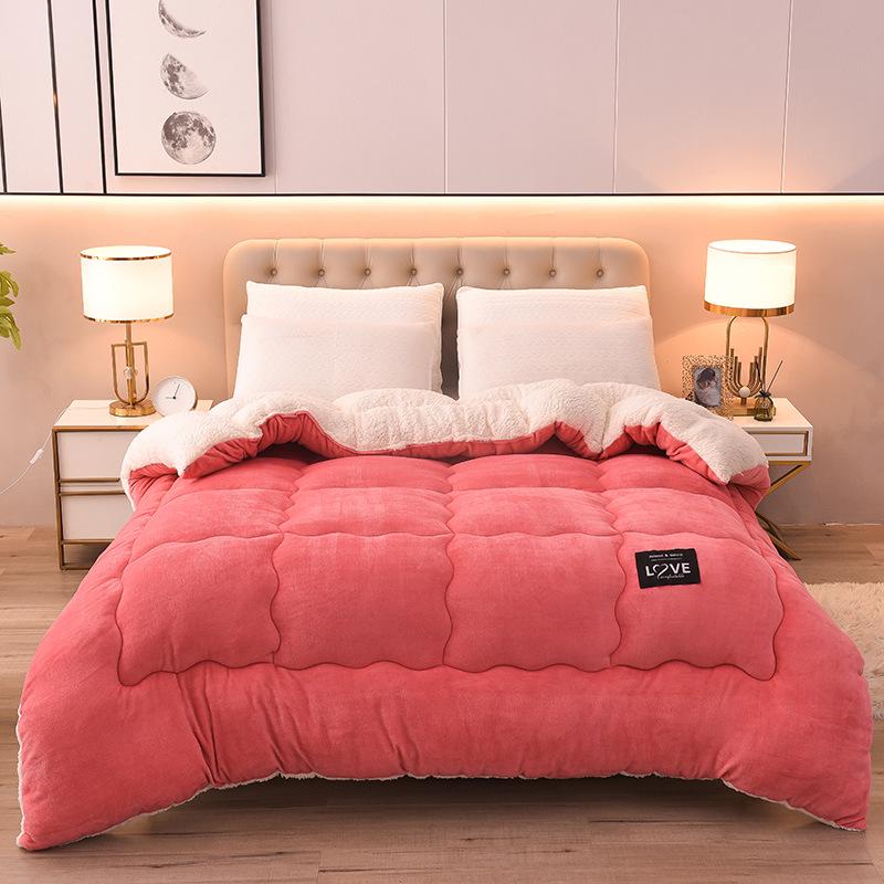 Solid Color Milk Velvet Winter Quilt with Flannel & Lambswool Core - Thick Warm Mattress Topper