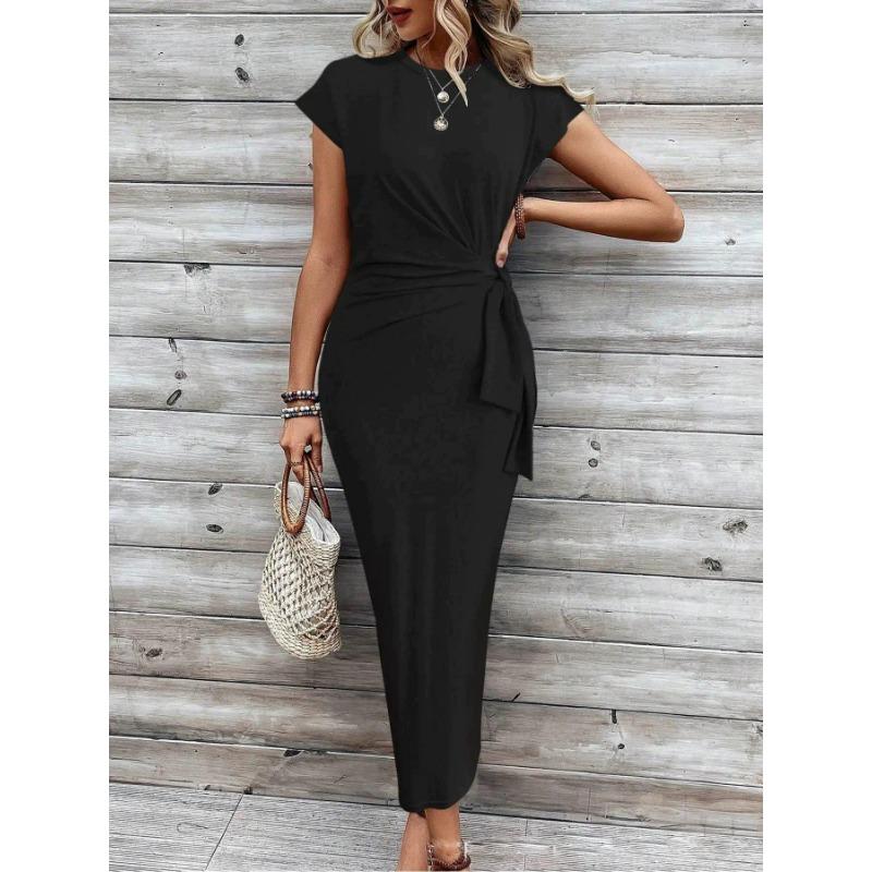 

Женские летние темпераментные элегантные платья с завязками на талии в полоску с круглым вырезом и короткими рукавами L чёрный