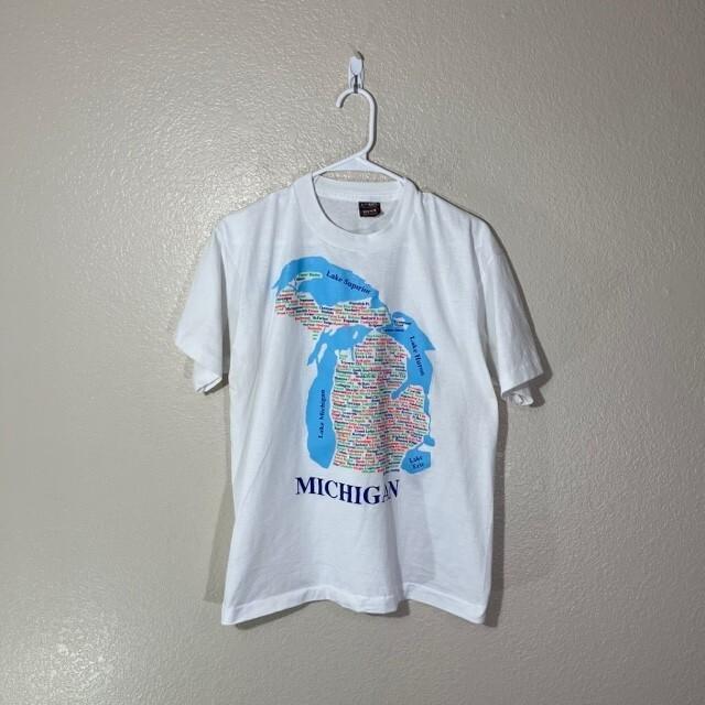 Vintage Michigan Shirt Mens Large Graphic Map Single Stitch USA Made White L