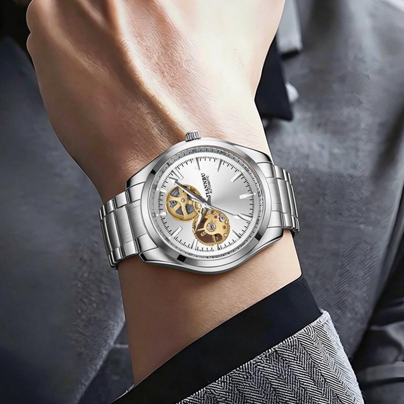 Gold Automatic Mechanical Watch for Men Luxury Skeleton Stainless Steel Waterproof Luminous Business Dress Wristwatch