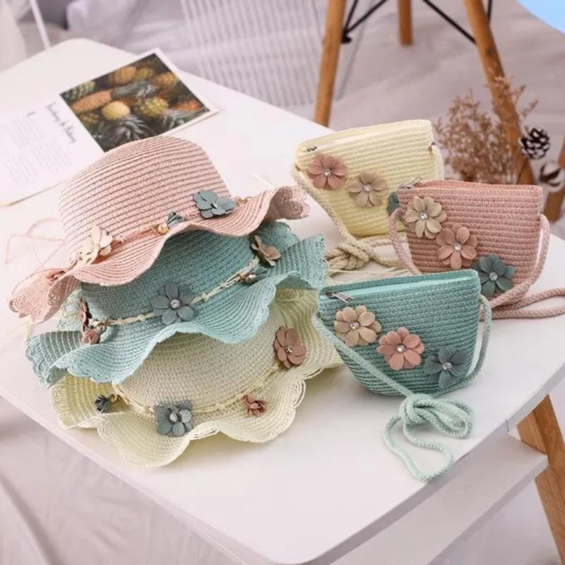 2Pcs/set Baby Girl Sun Hat + Shoulder Bag Summer Sunscreen Children Hat Bag