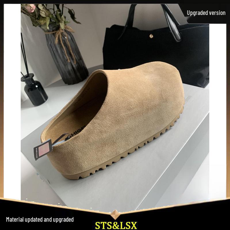 2025 Nowe Damskie Małe Zamknięte Pantofle ze Skóry Nubukowej Podwyższające Obcas Wsuwane do Noszenia na Zewnątrz