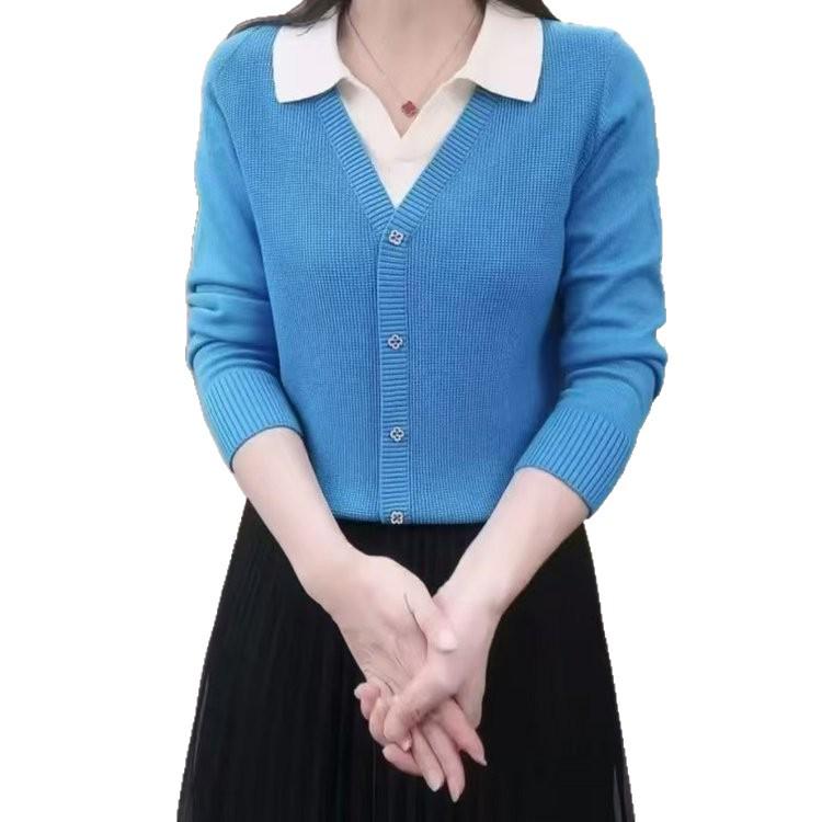 2025 Autumn/Winter Korean Style Sweater: Women's Lapel Fake Two-Piece Top