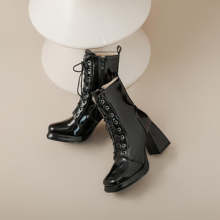 Fashion New Autumn Winter Black White Motorcycle Boots Womens Square Toe Cross Tied Platform Chunky High Heels Ankle Booties 45