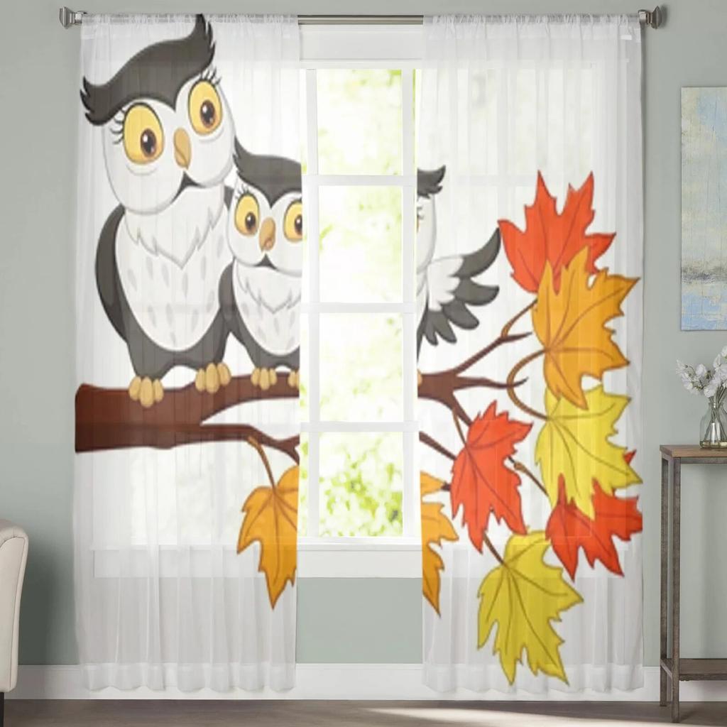 Urocza Sowa na Gałęziach Drzewa Przezroczyste Zasłony do Salonu Pokoju Dziecięcego Tiulowe Zasłony Obróbka Okna Kuchennego Draperie