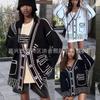 European & American Style Loose Color-block Knit Cardigan with Decorative Pockets for Women