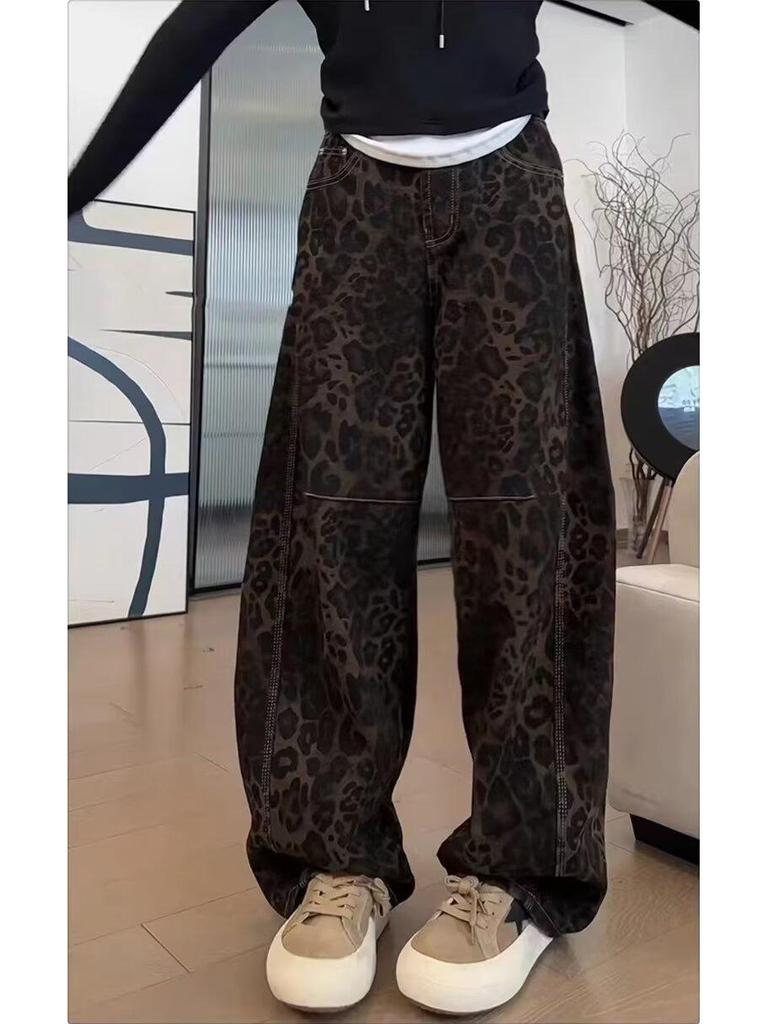 Spring 2025 Leopard Print High-Waist Straight-Leg Jeans for Women