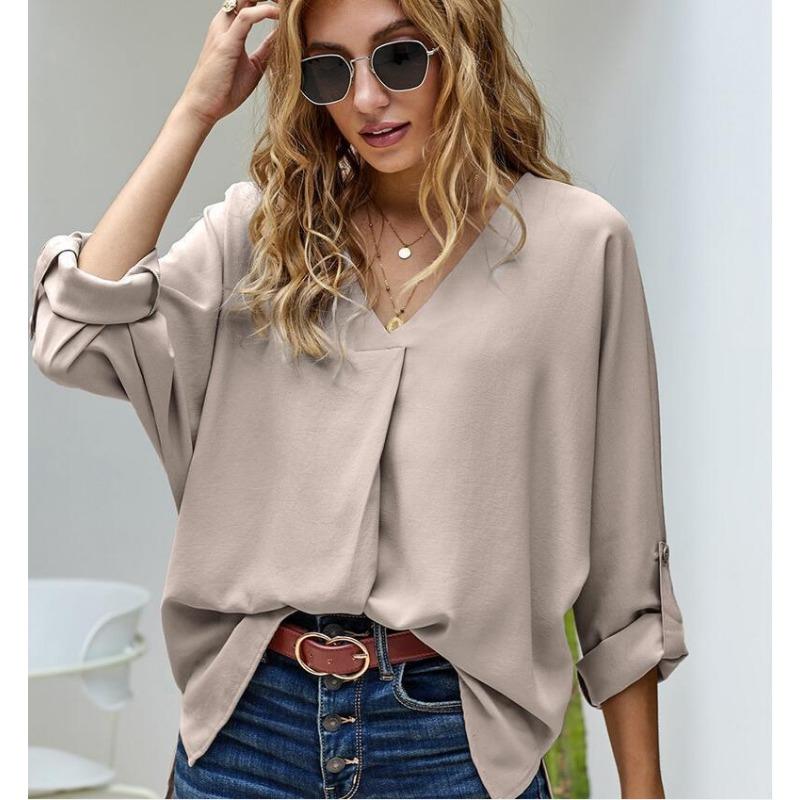 

Плюс Размер Женский Осенний Однотонный Свободный Пуловер V-образный Вырез Темперамент Топ XXL абрикосовый