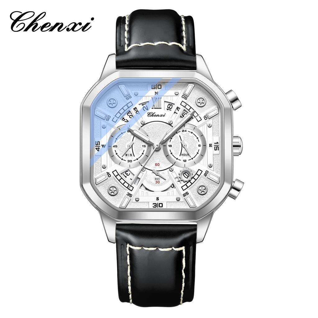 CHENXI 9042 New Luxury Leather Strap Mens Watch Multifunctional Chronograph Calendar Luminous Waterproof Mens Watch Reloj Hombre
