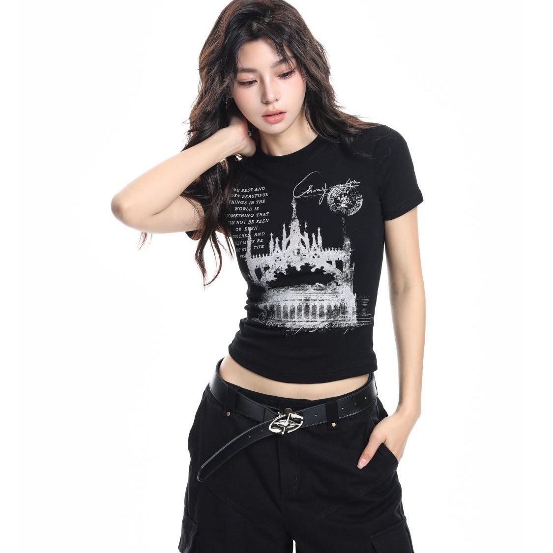 

Черные футболки с принтом для женщин, сексуальные топы, модные женские футболки с коротким рукавом, топы Y2K для девушек L чёрный