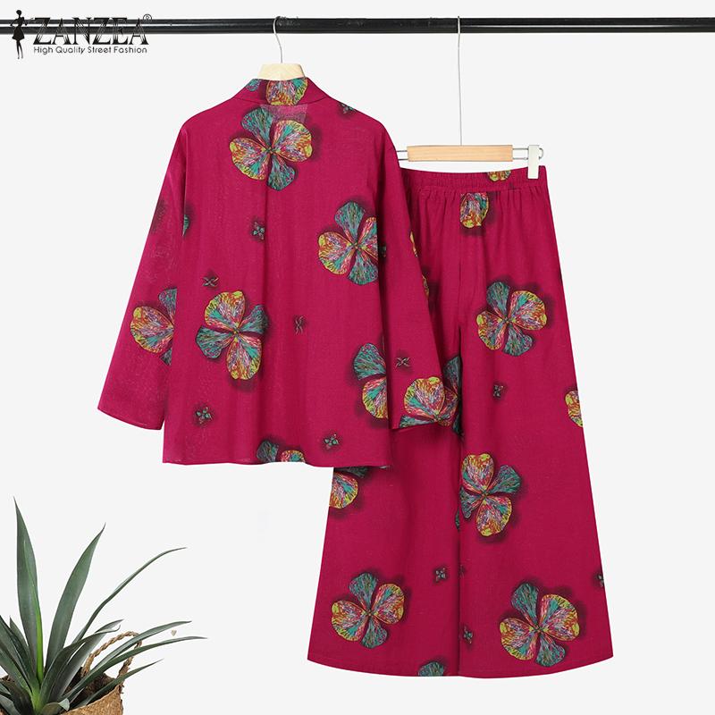 ZANZEA Women Long Sleeve Blouse and Pants Floral Print Two Piece Suit Sets