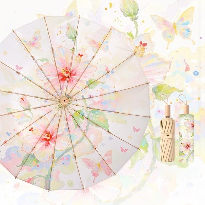 New Advanced Mist Rose 16 Bone Color Glue Umbrella Folding Sun Rain Dual Use Women'S Parasol Sun Protection And Uv Protection