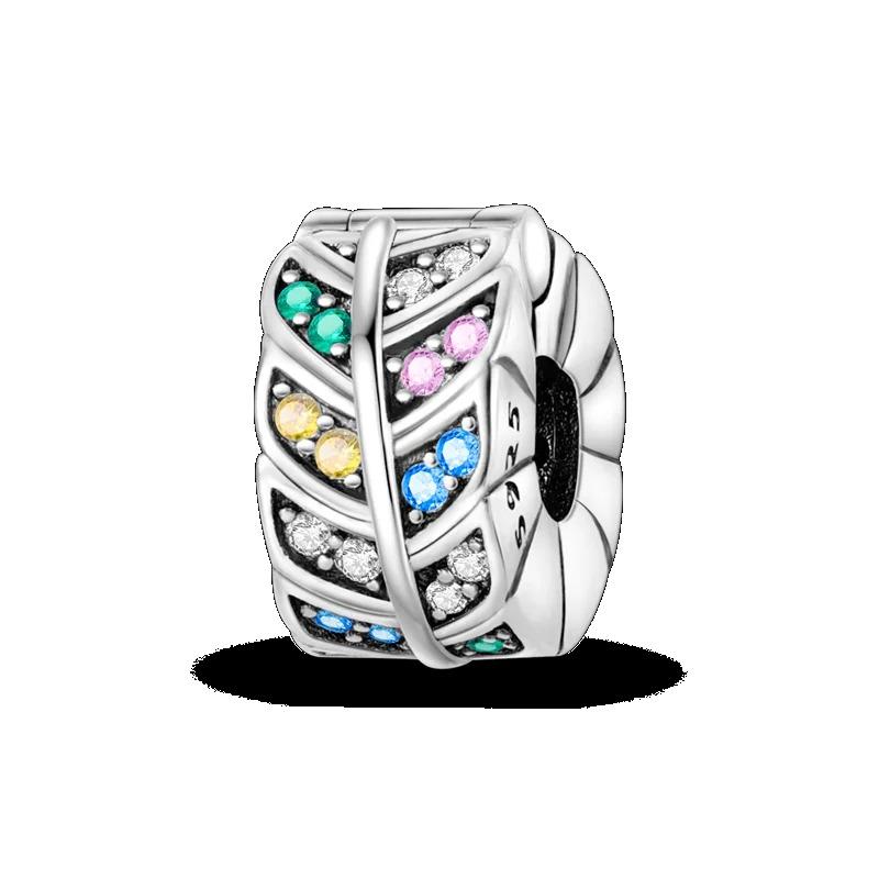 Silver Clasp 925 Silver CZ Pave Clip Charms Daisy Beads Stopper Safety Chain Fit Original Bangle Bracelet Jewelry Clip