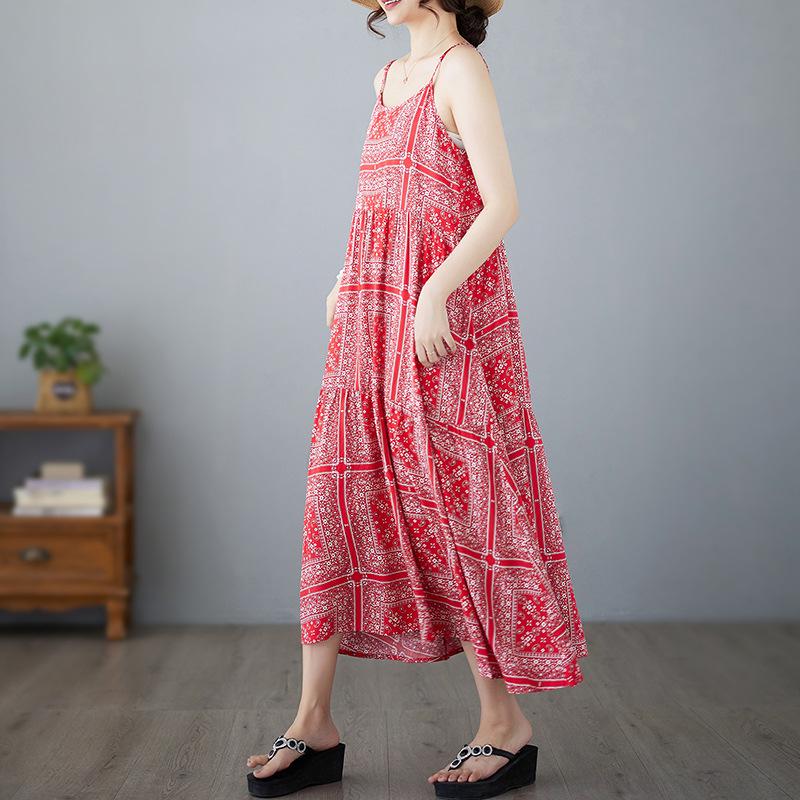 

2024 Ethnic Style Summer Vacation Dress with Spaghetti Straps and Printed Fairy Design XXL 2XL