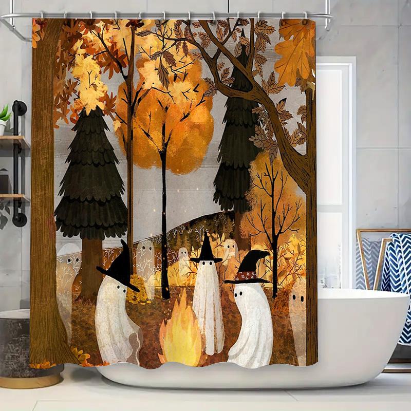 

Spooky Halloween Shower Curtain Set Witch Forest Ghost Themed Bathroom Decor Gothic Horror Backdrop Vintage Halloween Party Supp W60H190(CM)-1 Pcs
