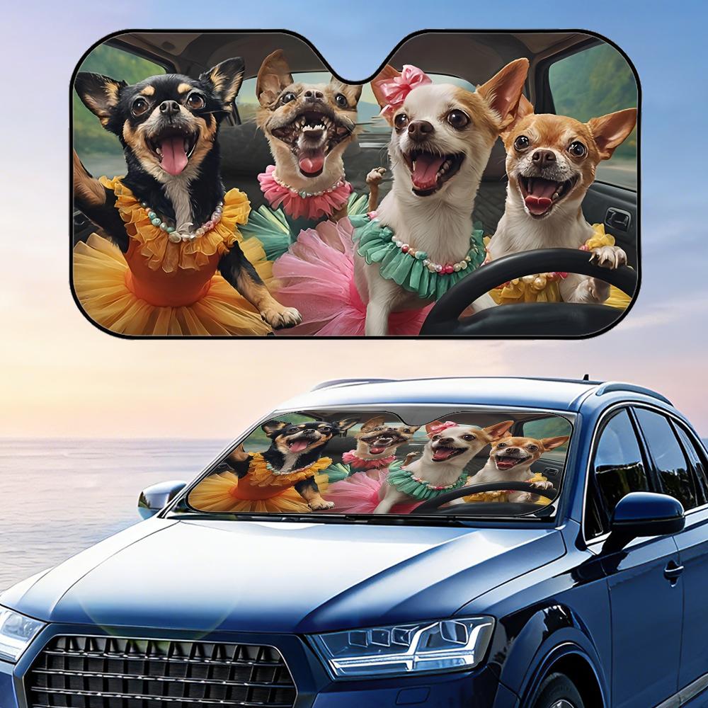 Chihuahua Driving Funny Sun Visor Foldable Universal Car Windshield Sun Shade UV Protection Heat Insulation Foldable Cover