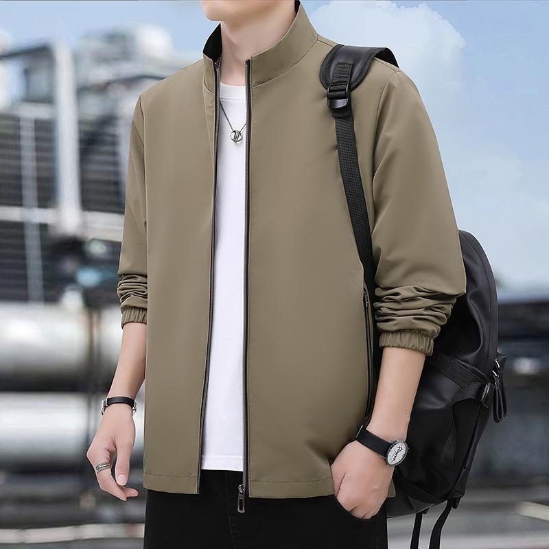 2024 Men's Solid Color Stand Collar Casual Jacket for Spring & Autumn - Middle-aged, Business Casual Outerwear