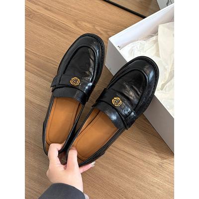 Cowhide Version~ Genuine Leather New Thick-soled Camellia One-pedal Women's Retro Small Leather Shoes Single Shoes
