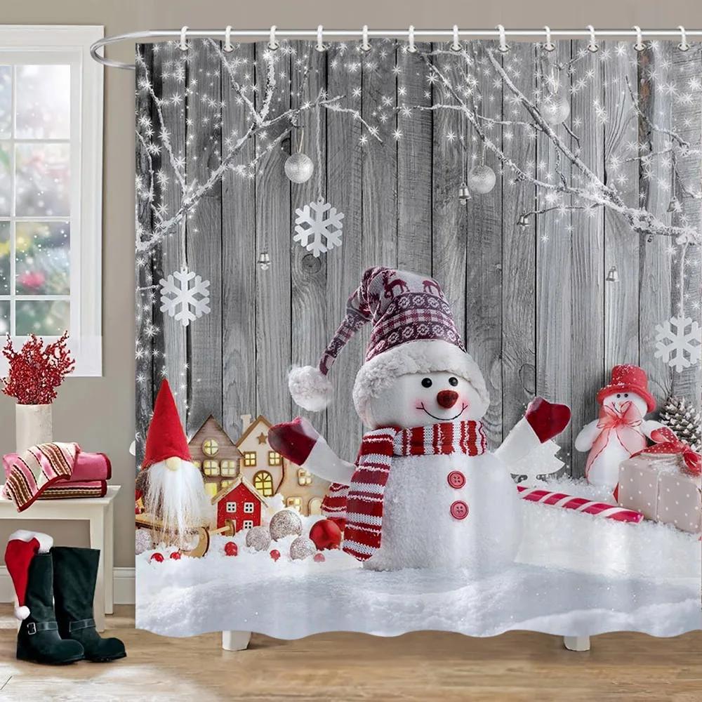 Christmas Snowman Shower Curtain Merry Santa Elf Deer Red Truck Polyester Fabric Printed Bath Curtains Bathroom Decor With Hooks