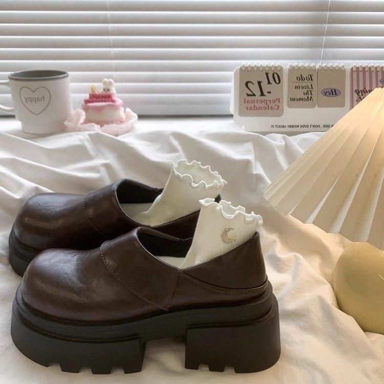 Black two-wear loafer small leather shoes, spring new British style retro thick-soled heightening bag head half slippers 40 [inner length 25cm] коричневый