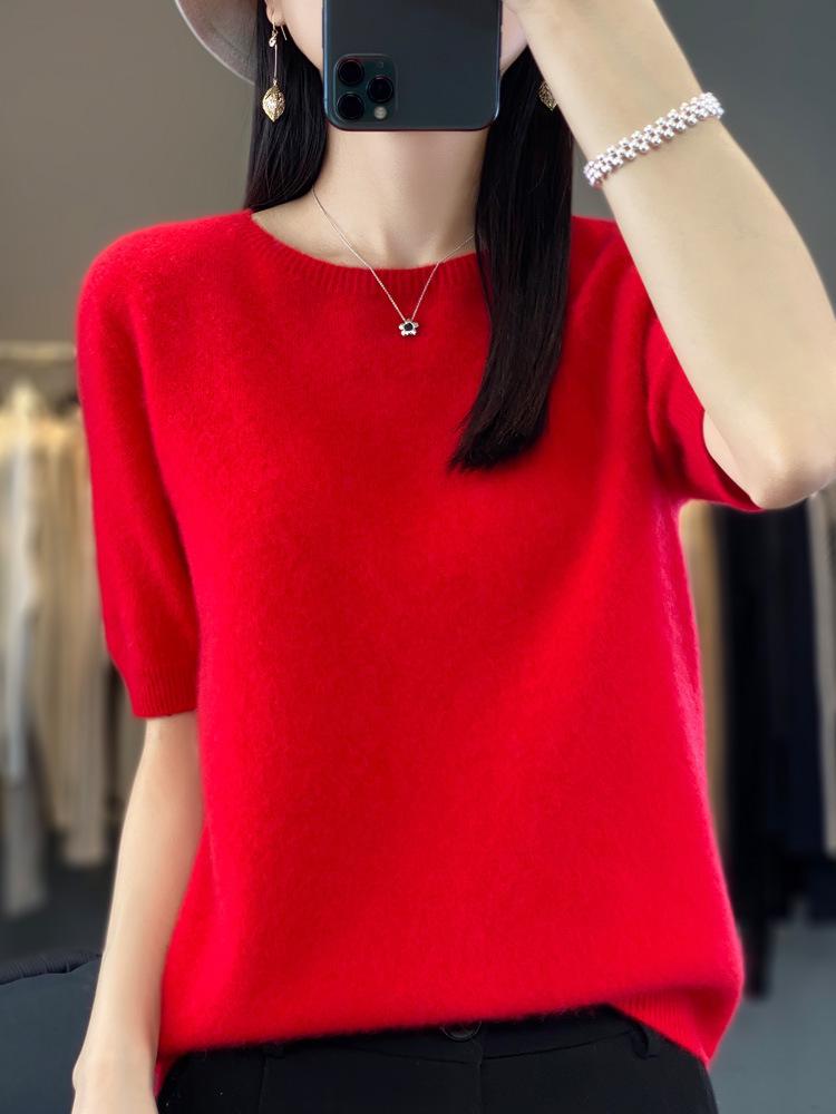 2024 Autumn/Winter Women's 100% Wool Round Neck Knit Top - Solid Color, Short Sleeve, Versatile Design