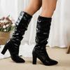 Comfort Soft Wrinkled Pu Solid Knee Boots Women 2025 Autumn Sexy Pointed Toe Super High Heel Boots Warm Square Heel Long Boots