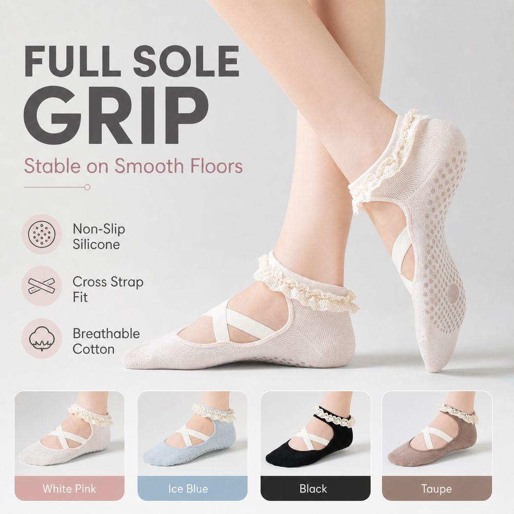 Non Slip Bias-cut Ankle Socks Lace Trim Pilates Socks Gifts Yoga Socks  Yoga Practice