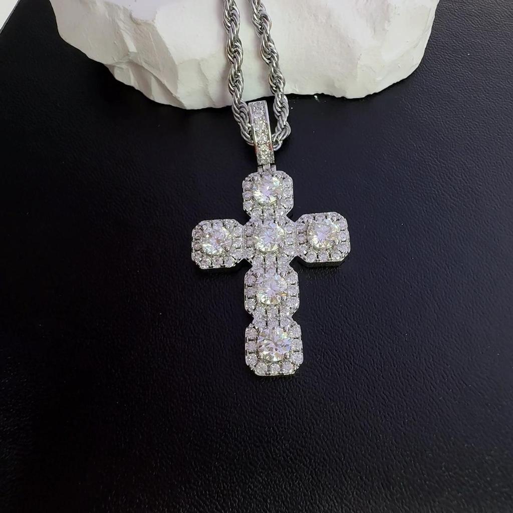 Iced Out Cushion Cross Pendant Necklace Moissanite Gold Plated Copper Hip Hop Jewelry For Men Women