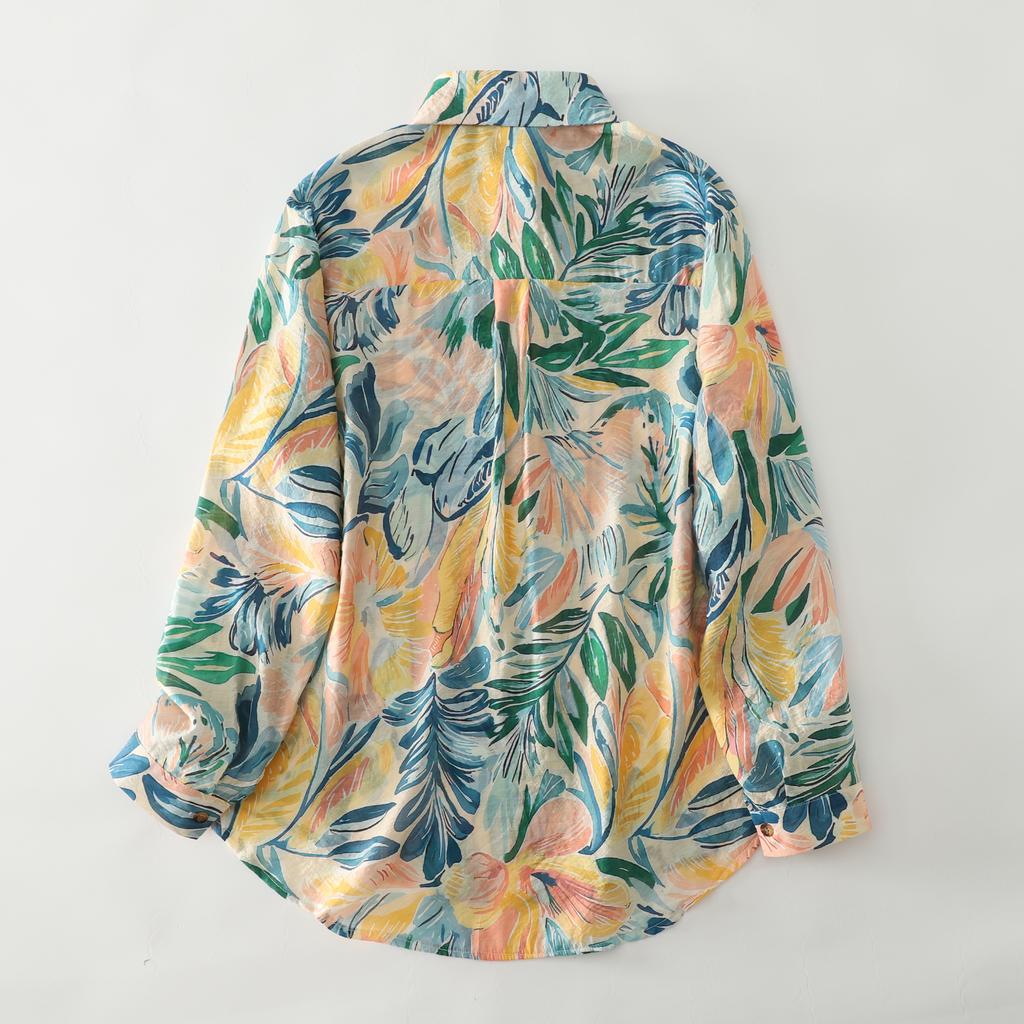 DIMANAF 2026 Neues Sommer Damen Übergröße Oberteile Hemden Lässig Locker Bluse T-Shirts Druck Blumenmuster Langarm Knopf