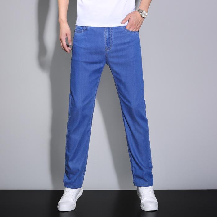 Summer ice silk breathable stretch men s jeans casual lyocell loose straight thin trendy men s pants 28