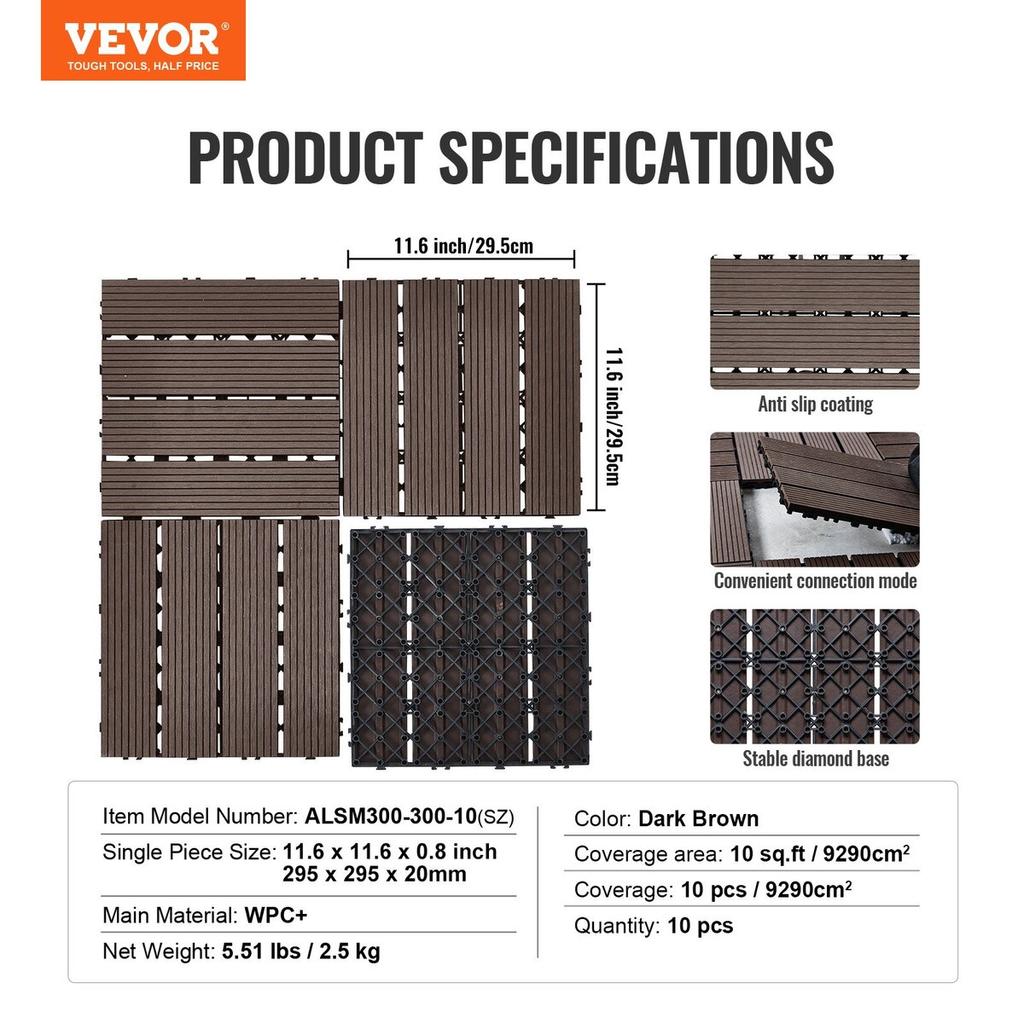 Interlocking Deck Tiles Plastic Wood 10 Pack 12"x12" Waterproof for Porch
