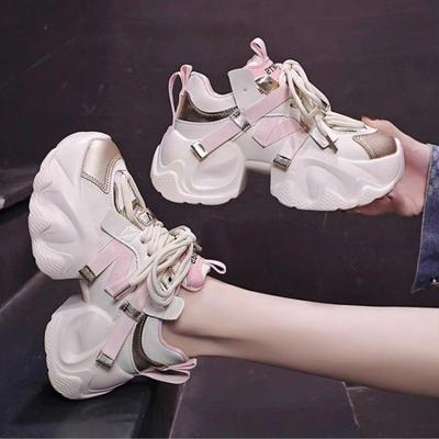 Casual Chunky Sneakers Women  Synthetic Leather Mixed Colors Thick Soles Lace-up Breathable Ladies Shoes for Woman
