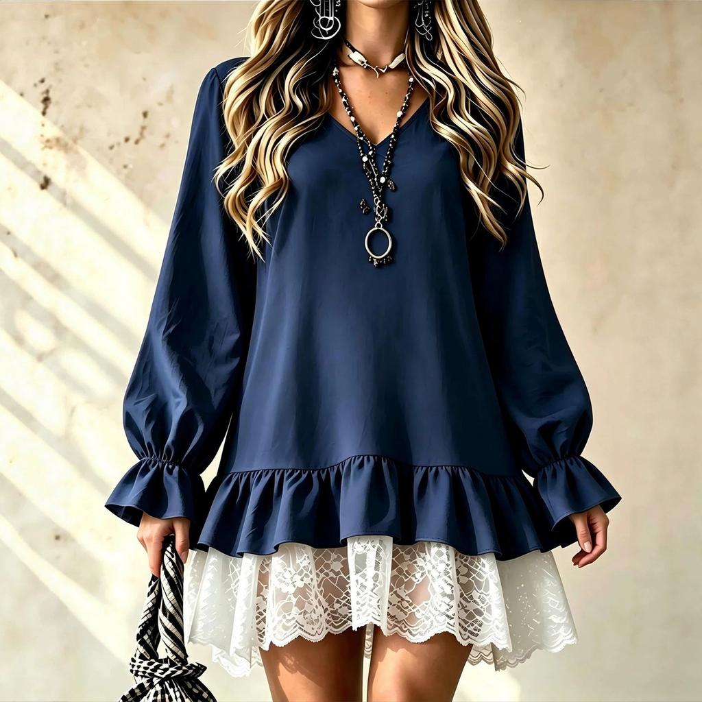 Abito da donna con scollo a V, maniche lunghe, orlo arricciato e bordi in pizzo, Colore, Elegante