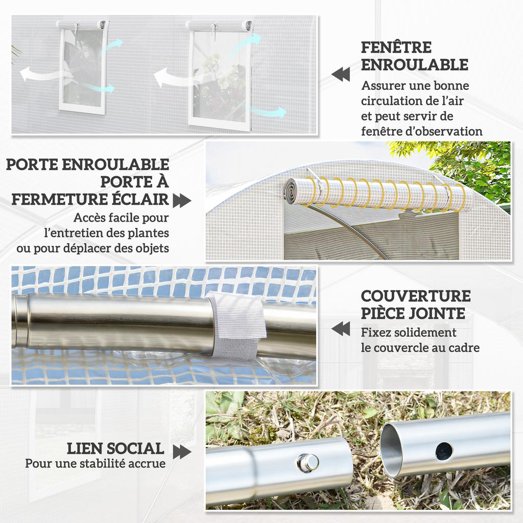 Tunnel Greenhouse, 13.5 m2, 6 Windows, Roll-Up Zippered Door, Galvanized Steel, 4.5 x 3 x 2 m, White
