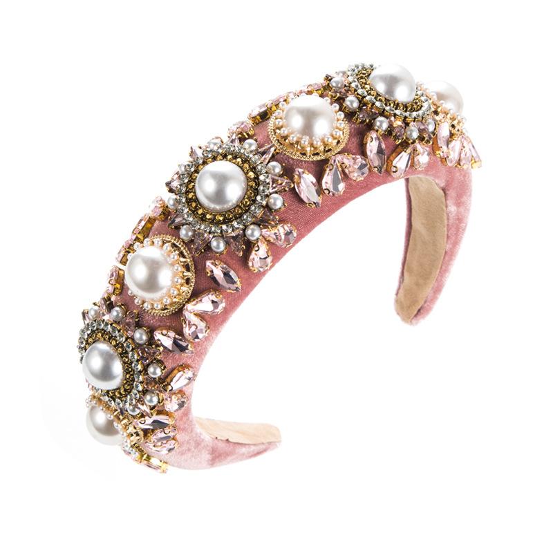 

Женская повязка на голову для тяжелой промышленности с жемчужным стеклом и кристаллами, высококачественная повязка на голову из флиса с широким краем, высокое украшение для волос OneSize розовый