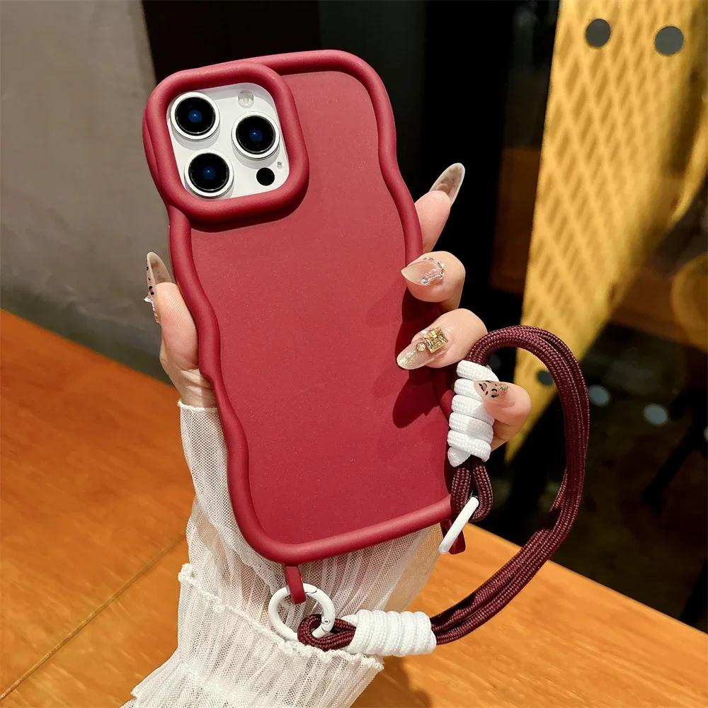 

Candy Color Silicone Soft Phone Case with Wrist Strap For iPhone 16 Pro Max 15 14 13 Wave Edge Frame Protective Cover iPhone 15