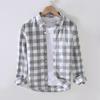 913 S/S Fresh Plaid Long Sleeve Shirt - Men's Casual Loose Fit Square Collar