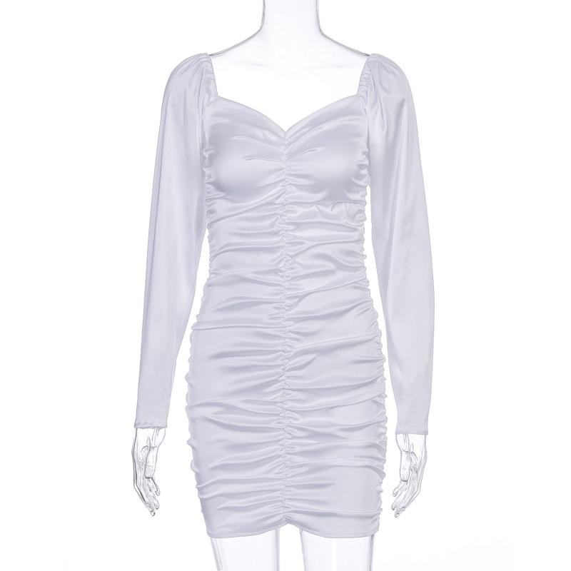 Langes Puffärmel Schräghals Satin Plissee Sexy Mini Kleid Herbst Winter Damen Einfarbig Party Elegant Streetwear Outfit