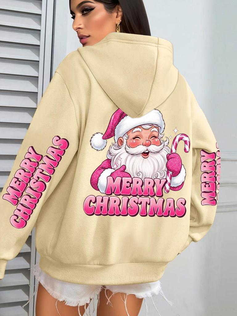 Women's Pink Santa Claus Christmas Hoodie with Pockets - Autumn/Winter