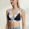 Letter Strap Deep V Ultra-Thin Back Closure Sports Bra, Triangle Cup Push Up Back Smoothing Yoga Fitness Women Bra