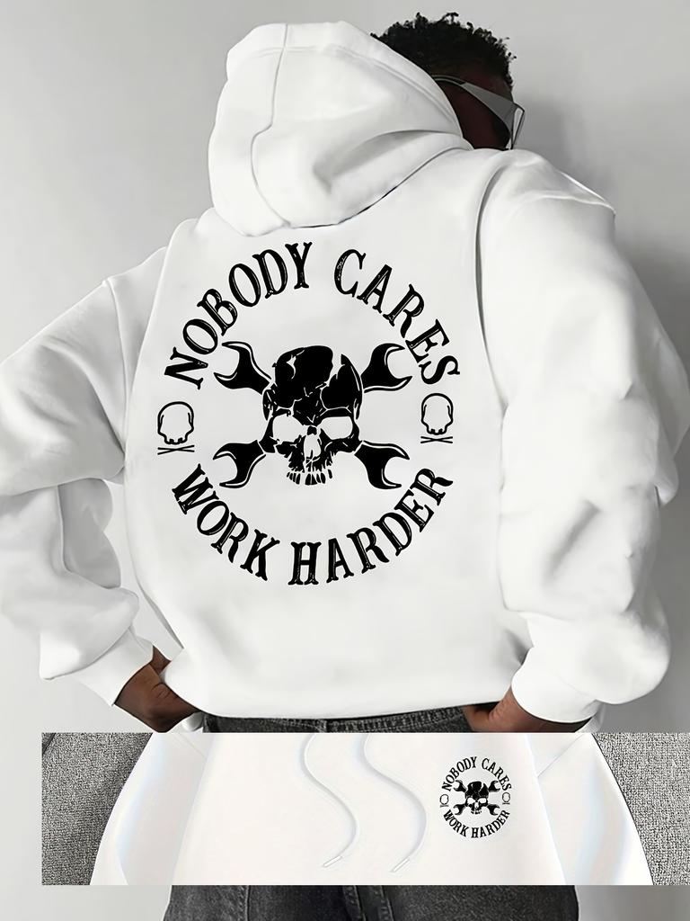 Herren-Trainingskapuzenpullover, „Niemand kümmert's, arbeite einfach weiter hart“, Totenkopf-Schraubenschlüssel-Aufdruck, locker geschnittenes Sweatshirt im Streetwear-Stil, lässiger Trainingspullover.