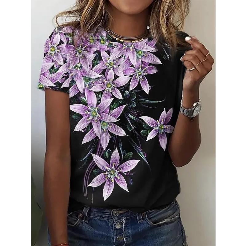 

Fashion Women s Crew Neck T-Shirt Flower Short Sleeve 3D Flower Color Printing Crew Neck Short Sleeve XS