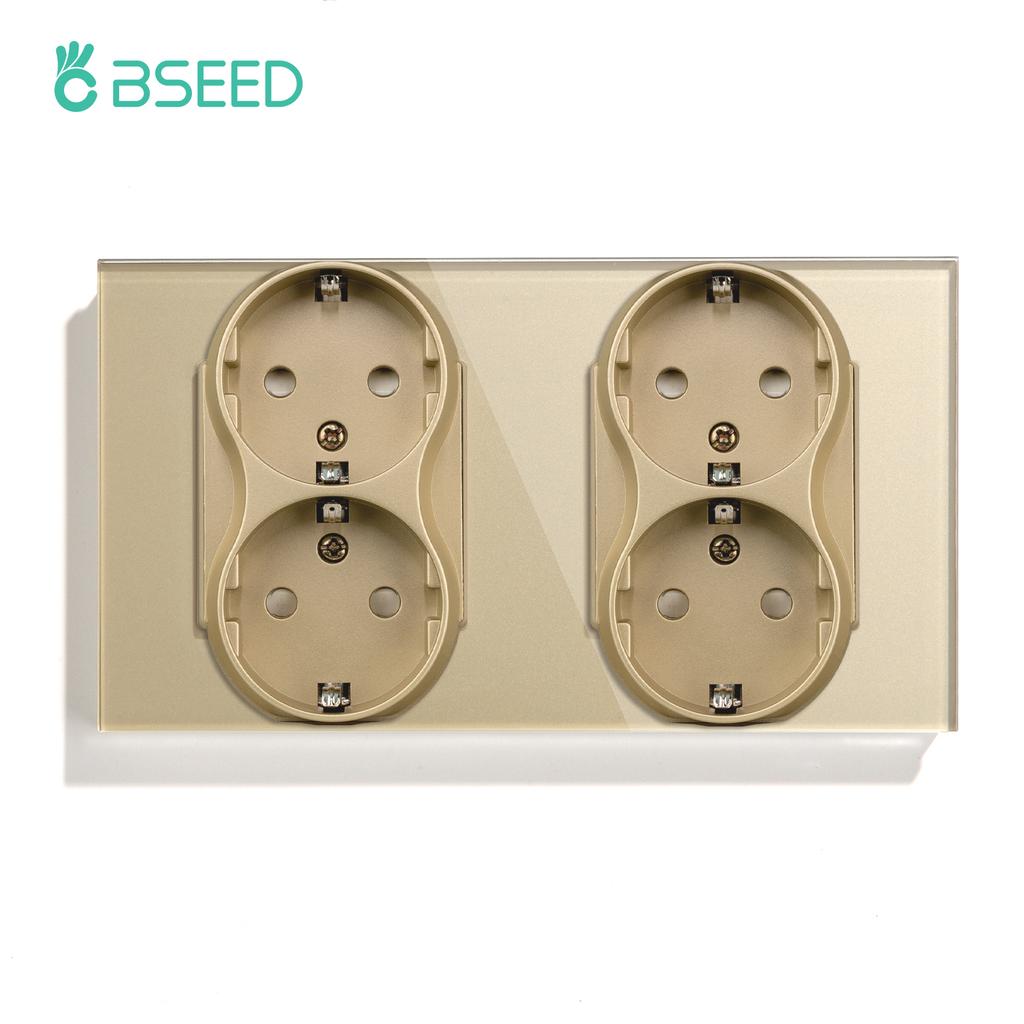 BSEED 1/2/3Gang Touch Light Switches 1Way With Dual Wall Sockets EU Standard Blue Backlight Glass Panel Gold